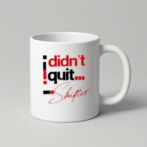 White Mug, Black and Red Print